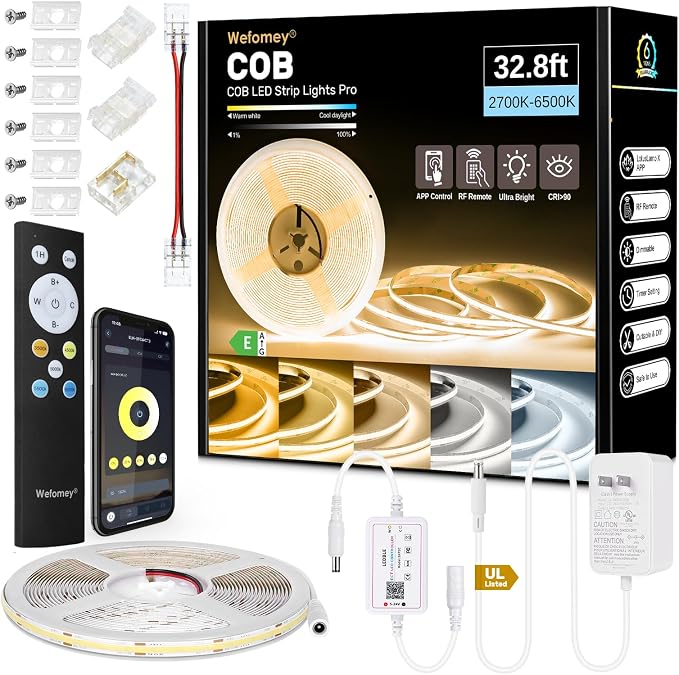 COB LED Strip Light White, 33ft Dimmable 2700K-6500K High Density 24V Flexible LED Tape Light with Remote and APP Control, UL-Listed White led Strip Lights for Bedroom Kitchen Christmas Decor