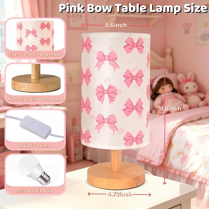 Pink Bow Bedside Table Lamp for Bedroom,Kids Room Decorative Lights 3 Colors LED Nightstand Night Light Lamps with Linen Lampshade Desk Lamp for Girls Boys Birthday Gifts for Home Living room Decor