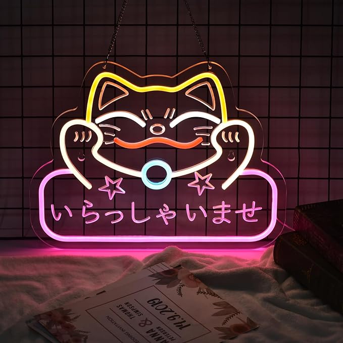 Japanese Welcome Neon Sign Fortune Cat Wall Decor Dimmable Led Neon Lights Japanese Style いらっしゃいませ Neon Billboard for Restaurant Shop Store Window USB Powered 16.1" x 12.6"