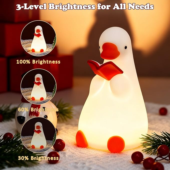 Funny Night Light for Kids, Reading Goose Silicone Night Light, Dimmable Bedside Lamp with Timer, LED Squishy Rechargeable Lamp, Cute Animal Decor Gift for Toddler Boys Girls Nursery Bedroom (Goose)