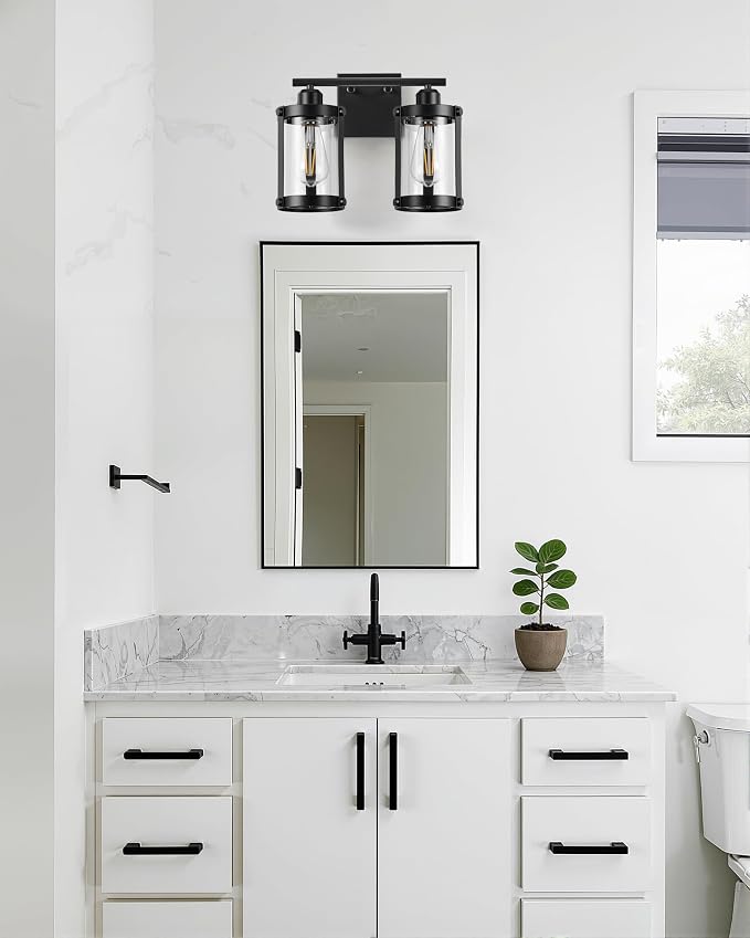 2-Light Black Bathroom Light Fixtures, 13.8 Inch Modern Bathroom Vanity Lighting Fixtures Over Mirror with Clear Glass and Metal Cage Wall Sconce Lights for Bath, E26, OS-3014BK-2W