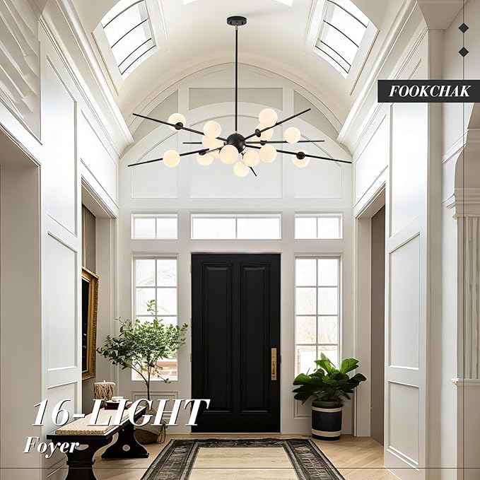 Large Black Sputnik Chandelier 51in 16-Light Frosted Glass Chandelier Light Fixture Mid-Century Modern Molecular Chandeliers for Large Living Room Dining Room Foyer Kitchen Bedroom