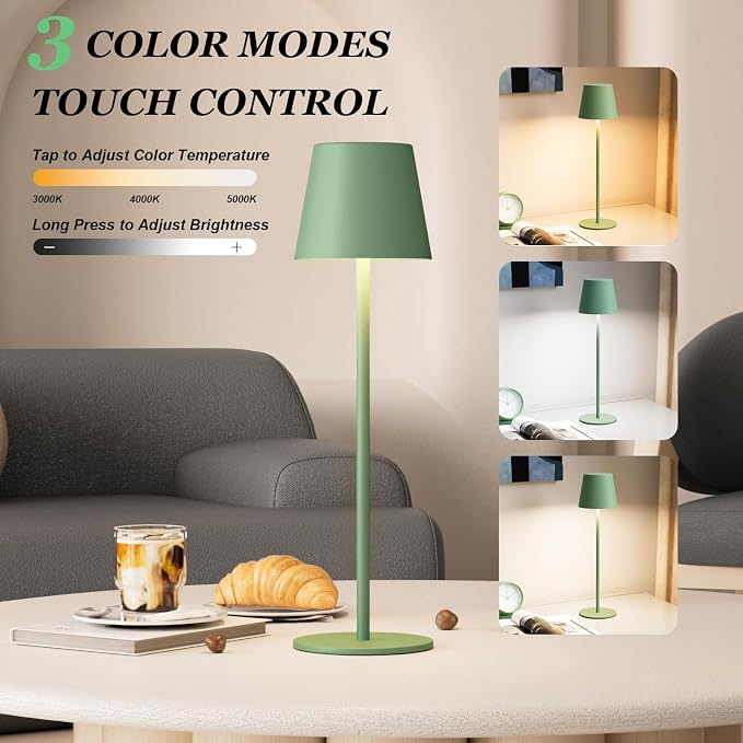 Kakanuo Cordless Table Lamp Rechargeable Green - KK 2 Pack 5000mAH Battery Operated Lamp for Dining Table, 3 Color Stepless Dimming Wireless Lamp for Counter, Outdoor Patio, Touch Control