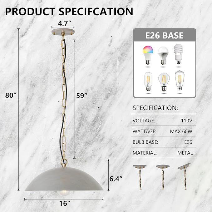 16" Pendant Lights Kitchen Island, Modern Large Pendant Light,Cement Gray Dome Pendant Lights for Kitchen Living Room Dining Room Bedroom Café