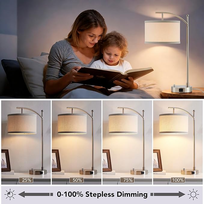 Table Lamp for Living Room Bedroom, 23.5" Table Lamps Set of 2 with USB C+A Ports, Bedside Lamps for Nightstand with Linen Lamp Shades, 2 Dimmable LED Bulbs Included, Silver