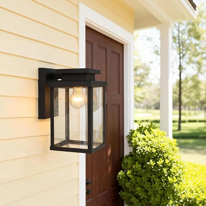 11" Die-Cast Aluminum & Clear Glass Outdoor Wall Lantern for Front Door, Patio and Porch Light E26 Base 60W Compatible Sconce, IP65 Waterproof Wet Location Rated, ETL, UL, CSA Qualified, Black