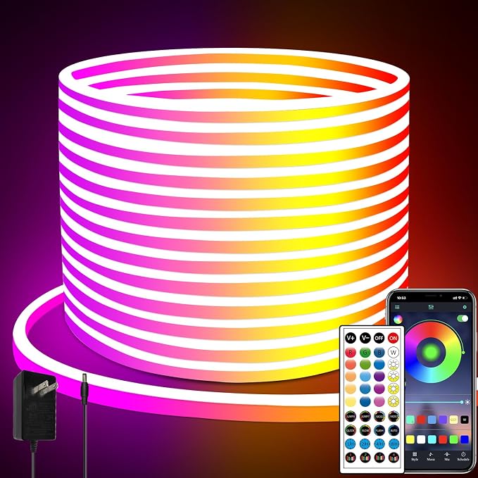 65.6FT LED Neon Rope Lights,24V RGB LED Neon Lights with Remote/APP Control,IP65 Waterproof Flexible Neon LED Strip Lights for Bedroom Room DIY Decoration（with Snap &Screws） | IP65 Waterproof Flexible RGB LED Neon Rope Lights for Bedroom Room DIY Decor...