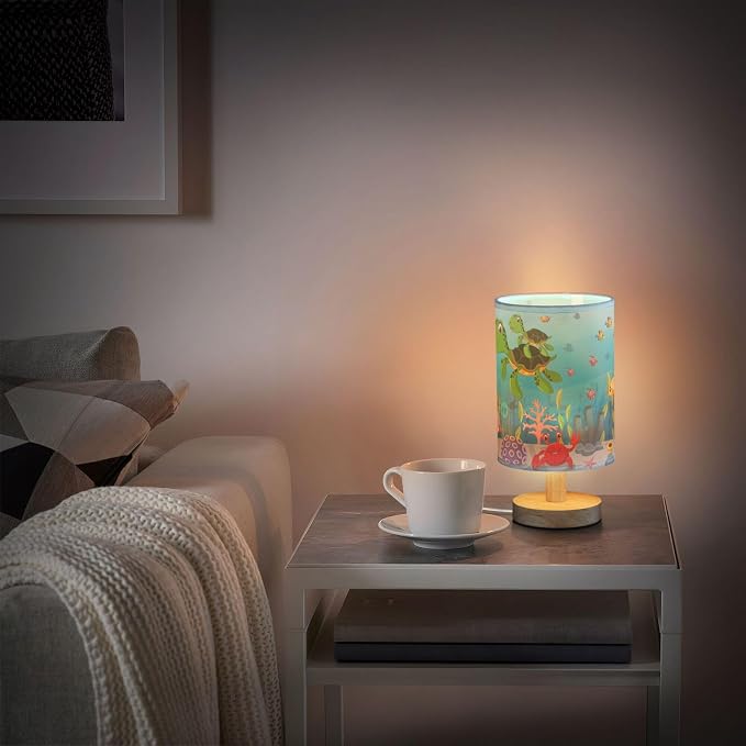 Table Lamp Colorful Underwater Sea Turtle Octopus Crab Fish Coral Aquatic Nightstand Lamp with Wood Base Fabric Lamp Shade Bedside Desk Lamp for Living Room Bedroom Kids Room Office