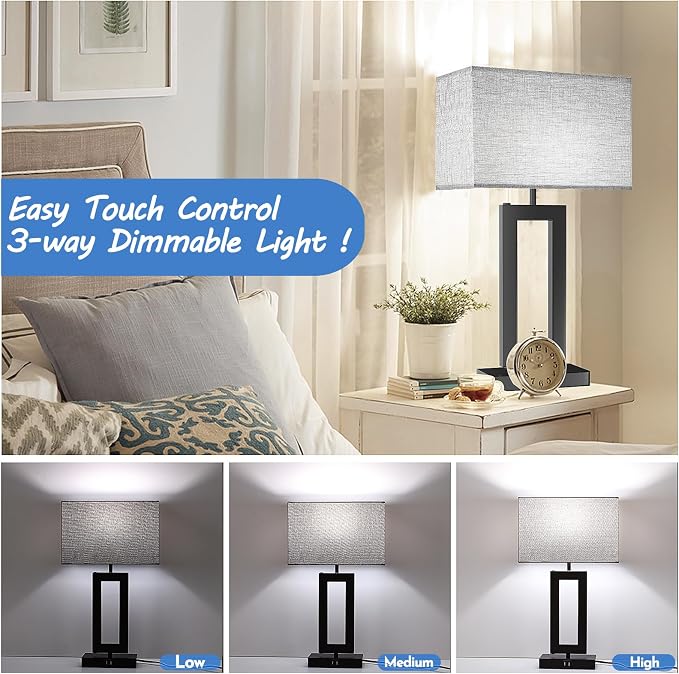 MoMyofdy 22’’ Tall Set of 2 Touch Control Table Lamp w. 2 USB Ports, 3-Way Dimmable Modern Bedroom Bedside Touch Lamps w. Fabric Gray Shade for Living Room End Table Nightstand Reading