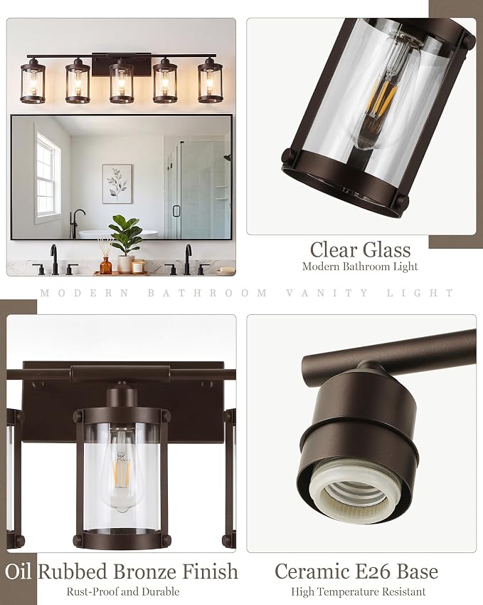 5-Light Oil Rubbed Bronze Bathroom Light Fixtures Over Mirror with Clear Glass and Metal Cage Shade, 38" UL-Listed Modern Farmhouse Wall Sconce for Bath, Hardwire E26, OS-3014ORB-5W