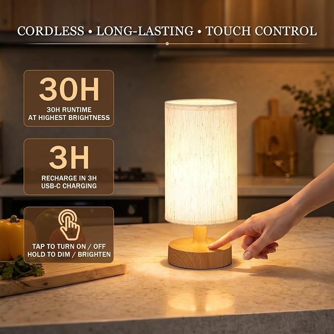 Kakanuo Cordless Table Lamp Rechargeable Small - 1 Pack Beige Wood, 4000mAh Battery Operated Lamp with Touch Control Stepless Dimming, Wireless Lamp for Bedside, Nightstand, Bedroom, Living Room