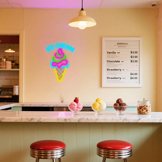 Ice Cream Neon Sign - Dimmable Dessert Bar LED Light for Business & Party Decor, Christmas Birthday Gifts for Ice Cream Lovers