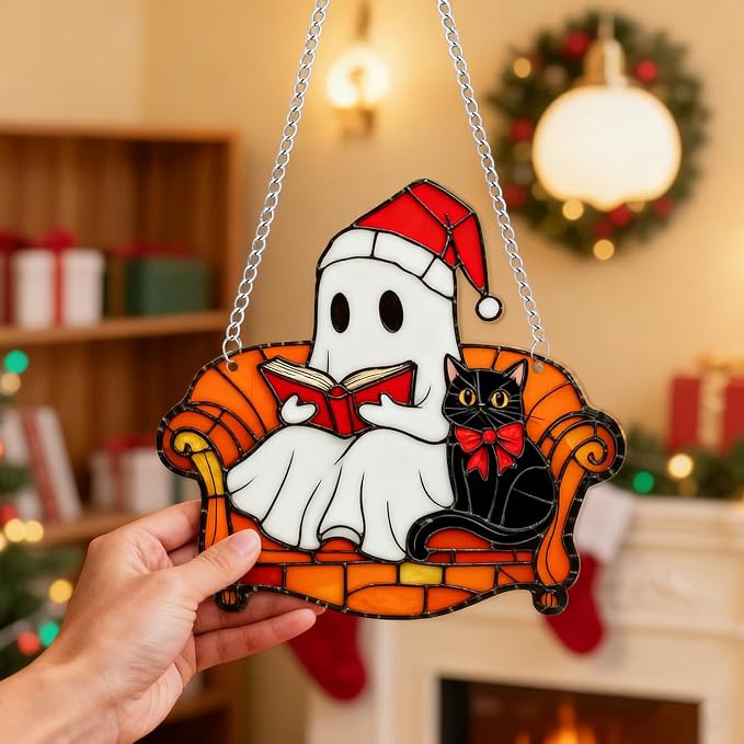 Christmas Tree Decorations Cute Cartoon Ghost & Cat Acrylic Suncatcher Stained Hanging Ornaments Designs DIY Crafts Indoor Outdoor Xmas Ghost Hanging Pendants for Christmas Tree Decor Accessories 1Pc