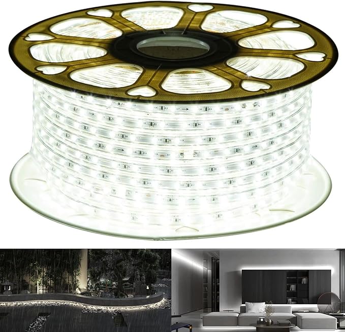 110V Daylight White Led Strip Light Outdoor 131.2ft 40m 6000K Led Rope Lights IP65 Waterproof Indoor Flexible Cuttable Connectable Ideal for Backyards Bedroom Car Deck Decorative Lighting