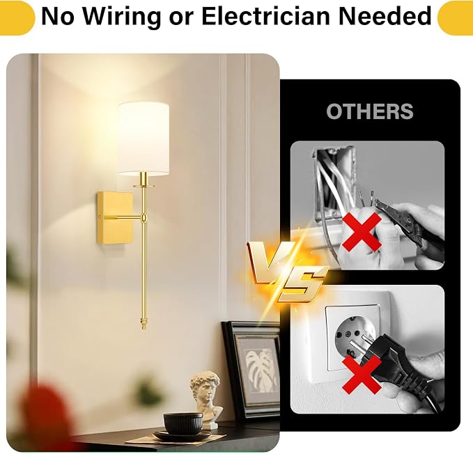 Battery Operated Wall Sconces Set of 2, Rechargeable Sconces with Remote | Gold Wall Lights with White Fabric Shade, Dimmable Wireless Wall Lamp with RGBWW Bulbs for Bedroom Living Room Hallway Decor