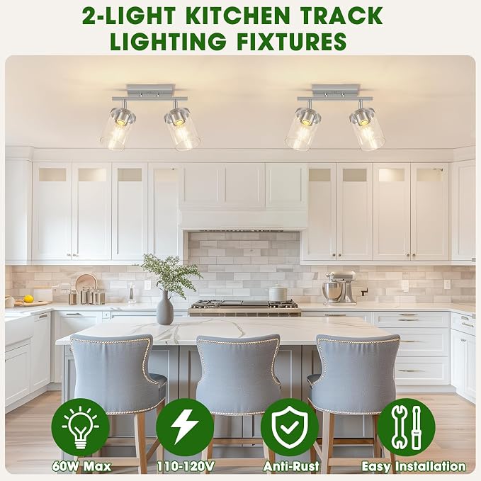 FadimiKoo 2-Lights Brushed Nickel Kitchen Track Lighting Fixtures Ceiling Mount, Adjustable Hallway Light Fxitures with Clear Glass Shade, Modern Spotlight Fixtures for Living Room Foyer Stairway