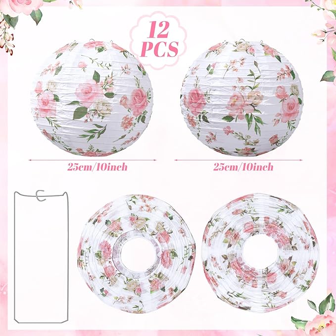 Honoson 12 Pcs Floral Paper Lanterns Party Decoration Wildflower Sakura Flower Spring Tea Party Decoration 10 Inch Hanging Round Paper Lantern for Wedding Bridal Shower Favor(Pink,Wildflower)