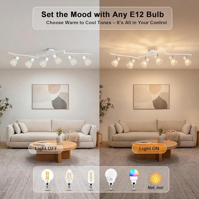 HiBay 6-Light Track Lighting White, Flexible Ceiling Fixture w/Glass Shade | Modern Flush Mount Track Spot Lights Indoor for Kitchen, Living Room, Dining Room, E12 Base, No Bulbs