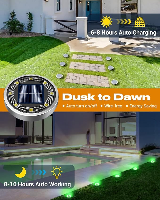 btfarm 16 Pack Solar Lights Outdoor Waterproof, 8 LED Solar Ground Lights | Stainless Steel, Easy-to-Install Flat Solar Disc Lights, Pathway Lights for Garden Lawn Patio Yard Path Landscape, Green