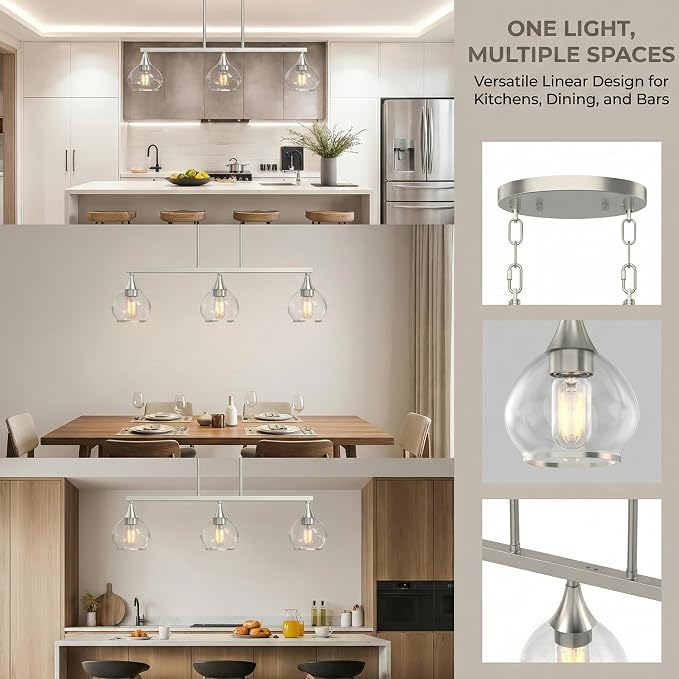 Kitchen Island Linear Pendant Light, 3-Light Brushed Nickeld Dining Room Chandelier with Clear Glass Globe Shades, Modern Linear Lighting Fixture Over Table