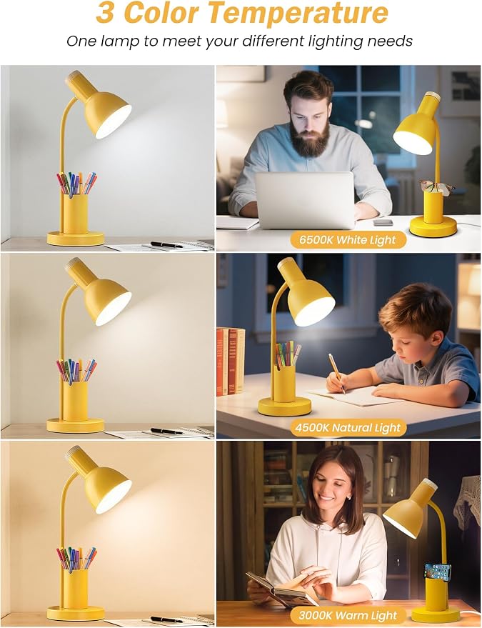 LED Desk Lamp for Home Office, Table Lamp with Pen Holder, 3 Color Modes Reading Light, Eye-Caring Desk Light with Gooseneck, Metal Study Lamp for Dorm Bedside Bedroom (Yellow lamp)