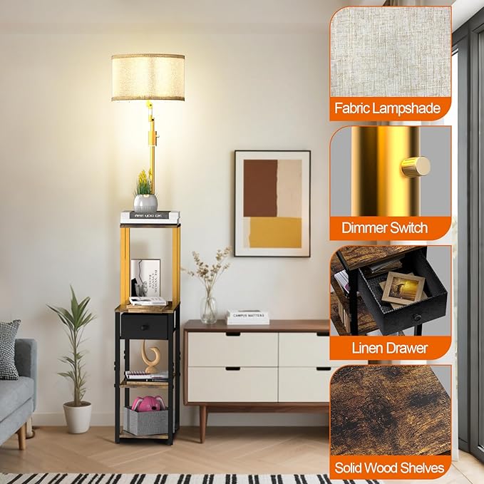 Lightdot Floor Lamp with Shelves&Drawer, Modern Standing Lamp with 350° Adjustable Lamp Head, Fabric Shade& Bulb Included, Display Corner Floor Lamp for Living Room/Sofa Beside/Corner Decor