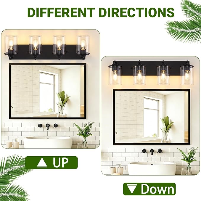 4-Light Bathroom Lighting Fixtures Over Mirror, Matte Black Bathroom Vanity Lights with Clear Glass Shade, Modern Vanity Lighting Fixtures for Living Room, Bedroom, Hallway