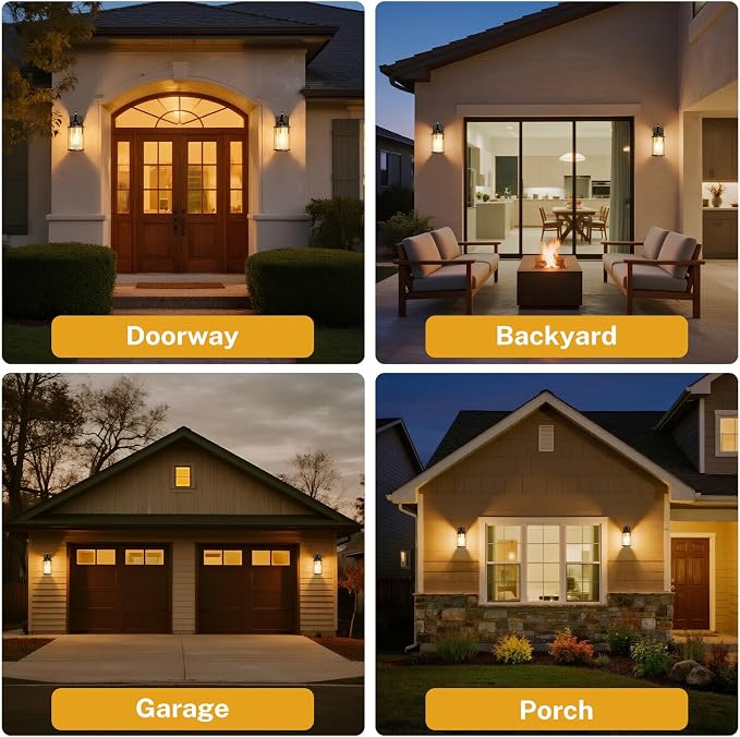 Dusk to Dawn Outdoor Light, Front Porch Light Waterproof Exterior Lighting Fixtures Wood Effect Glass Modern Outside Light for House, Patio, Yard, Garage Black 1 Pack
