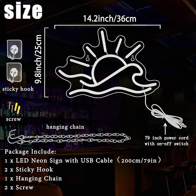 Sunrise Sunset Neon Sign, Dimmable Sun Sea Wave LED Neon Light for Wall Decor, USB Powered Ocean Surf Neon Signs, Acrylic Sun Sign for Bedroom Living Room Bar Cafe Game Room Birthday Party Christmas