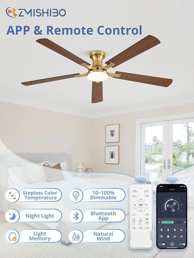 ZMISHIBO 60 Inch Ceiling Fans with Lights, Remote&App Control, Flush Mount | Low Profile, Dimmable 20W LED Light, Quiet Reversible Motor, Strong Airflow, Easy Install for Bedroom/Living Room/Apt, Gold