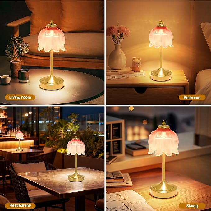 Cordless Table Lamp, Rechargeable Blush Pink Glass Lotus Flower Lamp | 5200mAh touch lamp with 3 color modes and stepless dimming, battery operated lamp for nightstands and kitchen counters
