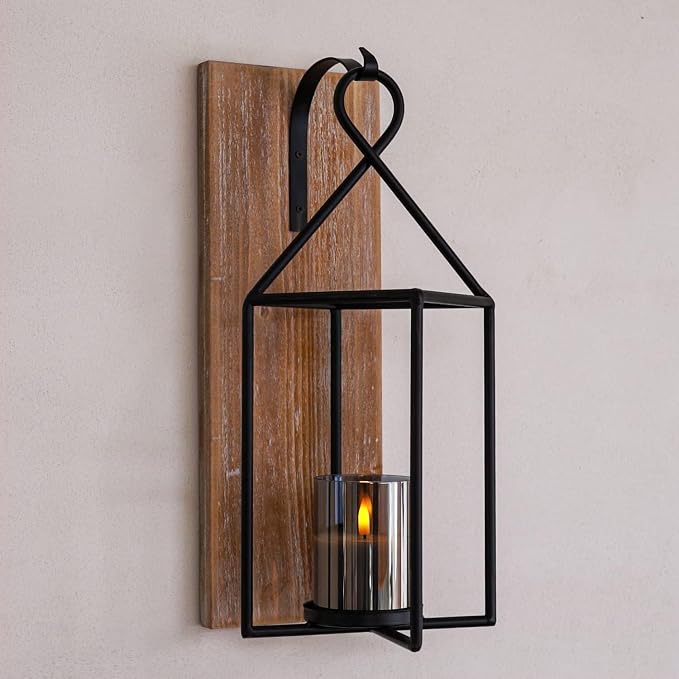 Homemory Wall Candle Sconces Set of 2, Rustic Wood Holders with Glass Decor | Wood and Glass Design Adds Rustic Farmhouse Style for Living Rooms, Bedrooms, Fireplaces and Wall Decor