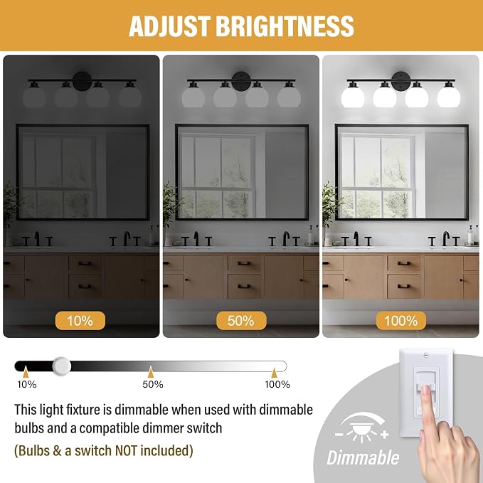Matte Black Bathroom Light Fixtures, 4-Light Vanity Light Over Mirror | Modern Bathroom Lighting Over Mirror, Wall Sconces, Milky White Globe Glass Shades, E26 Socket,ETL Listed