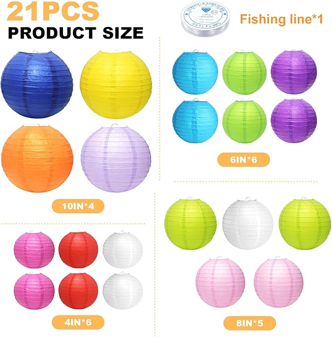 21 Pcs Hanging Paper Lanterns Decorative, Colorful Party Lanterns (4/6/8/10 Inch) Multicolor Chinese/Japanese Paper Hanging Decorations Ball for Classroom, Outdoor Party, Wedding, Birthday Decor