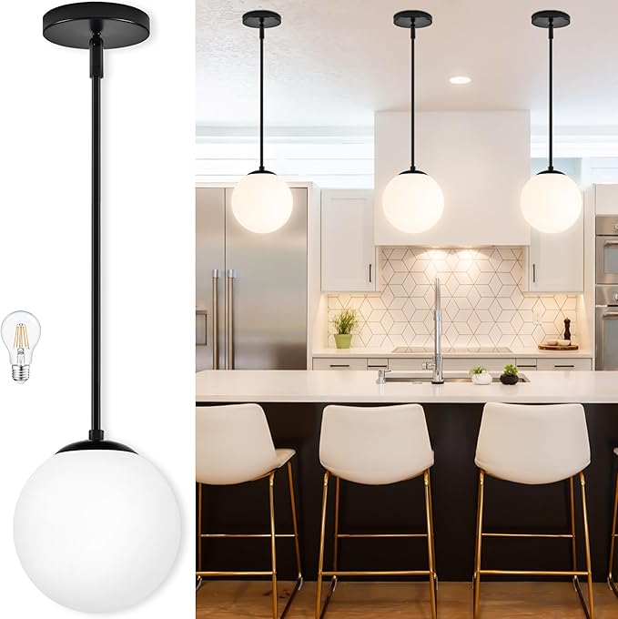 8" Globe Pendant Light Black Mid Century Modern Light Fixture Milk Glass Pendant Light Globe Pendant Lights Kitchen Island Matte Black Finished with Milk Glass Lampshade for Dining Room