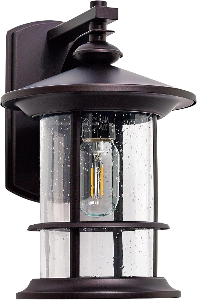 MICSIU 12.5" Height Large Farmhouse Bronze Outdoor Wall Light, Max 100W | 8" Wide Rustic Exterior Fixture with Clear Seedy Glass, Weatherproof Porch Light for Front Door, Garage, Gate, Patio, Deck