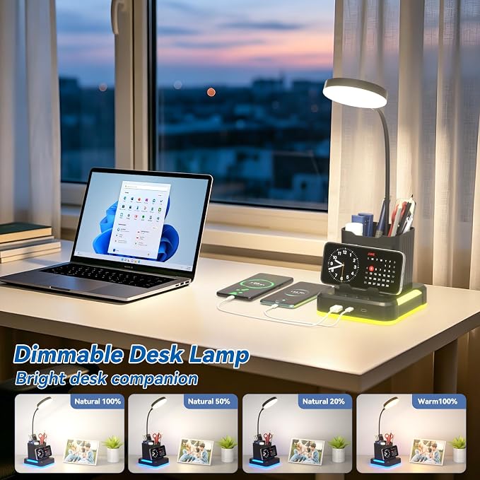KDD 5 in 1 Desk Lamp with Charging Ports, 9 RGB Modes Gaming Table Light | Pen & Phone Holder, 360°Adjustable Gooseneck Desktop Lights, Dimmable Table Lamp for Home Office College Dorm Room