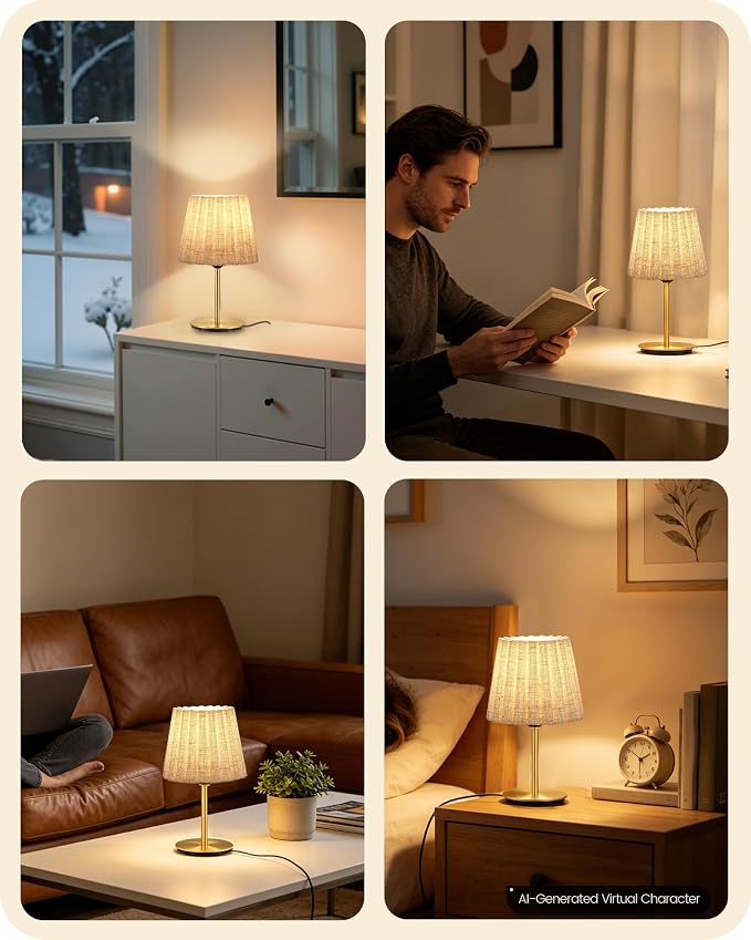 Small Bedside Table Lamps Set of 2, Dimmable Table Lamps with 3 Adjustable Color Temperatures, Nightstand Lamps with 2 Bulbs, E26 Base, for Bedroom, Study, Desk, Beige and Gold DE15TLP205