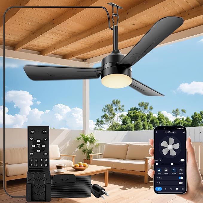 PBLALA Ceiling Fans with Lights,36.5" Plug in Ceiling Fan Light,Gazebo Fan Light,LED Fan Light Hanging with Hook,Hook Type Fan,45W,3000-6500k,Remote Control,Portable Fan for Patios,Pergola
