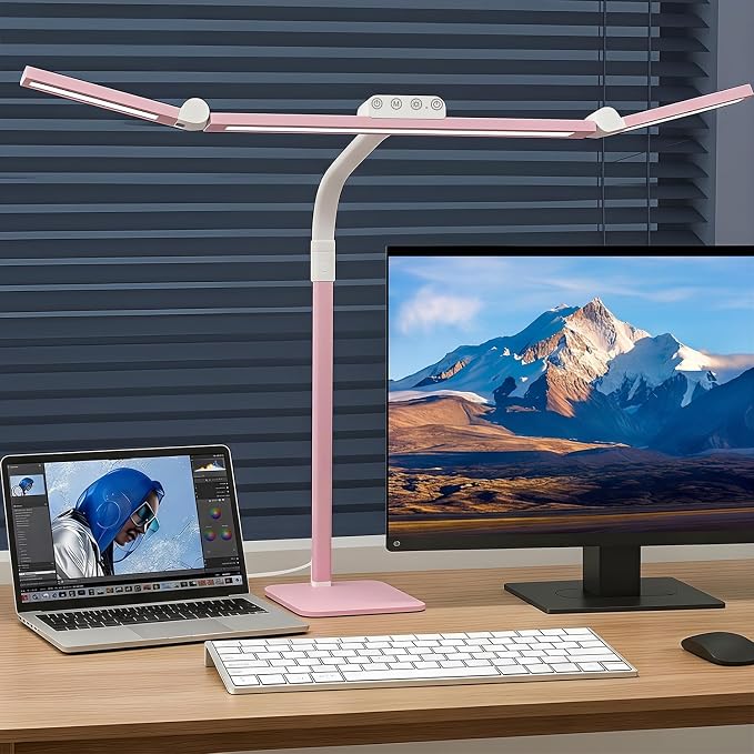 LED Desk Lamp for Home Office with Base, 28.2" Adjustable Gooseneck Swing Arm Bright Desk Light, Dimmable Architect Table Lamp for Desktop Computer Light, Reading, Study, Workbench（Pink）