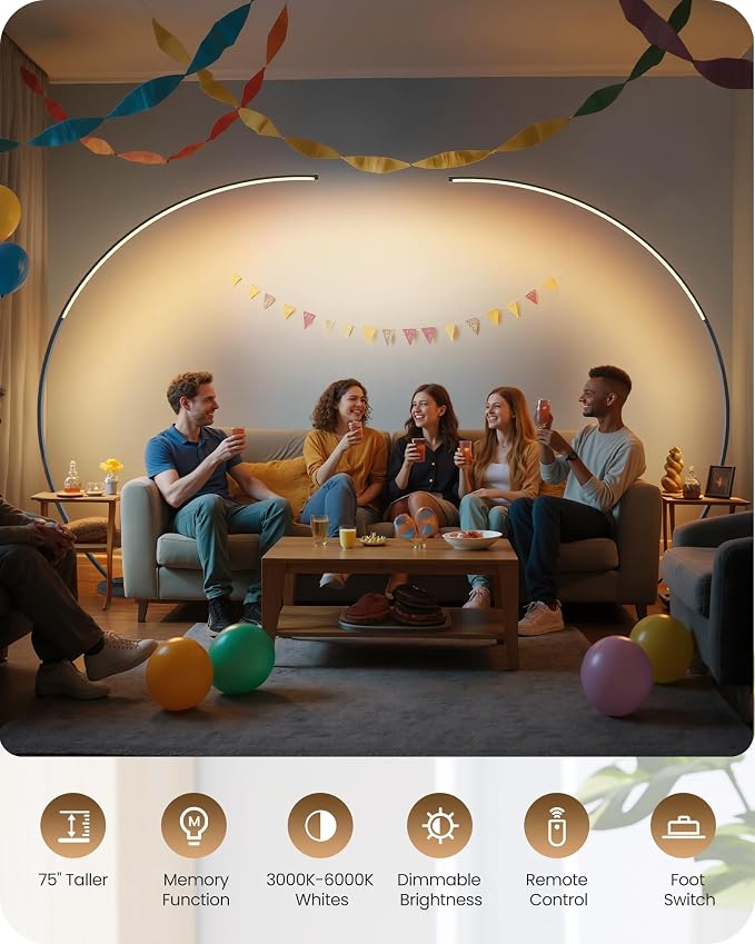 75 inch Dimmable LED Arc Floor Lamp for Living Room with Foot and Remote Control, 3 Color Temperatures, 3000K-6000K Whites, LED Corner Lamp, Modern Standing Tall Lamp for Bedroom B62LD05