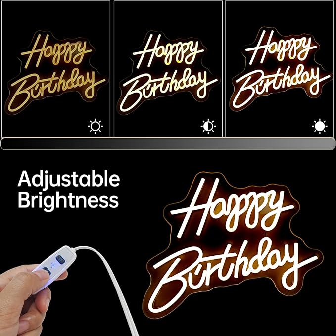 Happy Birthday Neon Sign, Happy Birthday Light Up Sign, Neon Happy Birthday Sign, Happy Birthday Led Sign for Backdrop All Birthday Party Decoration USB Powered Warm White,16.5 x 12 Inches (Plug not provided)