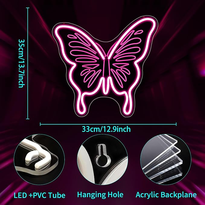 Butterfly Neon Sign, JGHTURIE Pink Neon Signs for Wall Decor Engraved LED Light Up Sign Room Decor for Club Party Bar Signs Decoration USB Powered