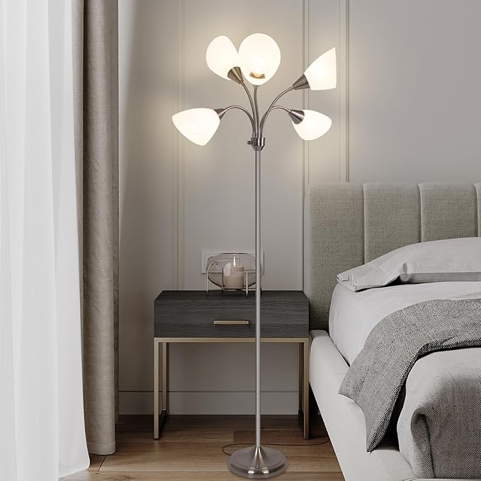 HonoDing Medusa Floor Lamps Standing Lamps 5 Heads Adjustable Reading Light Large Shade Use E26 A19 Bulb for Living Room Bedroom Satin Nickel