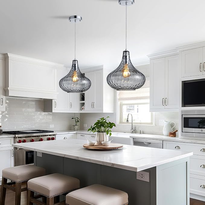Hammered Glass Pendant Light 11" Industrial Farmhouse Ceiling Light | Smoke Gray Glass Shade, Chrome Finish, E26, Adjustable Hanging Light for Kitchen Island, Dining Room, Entrywayv
