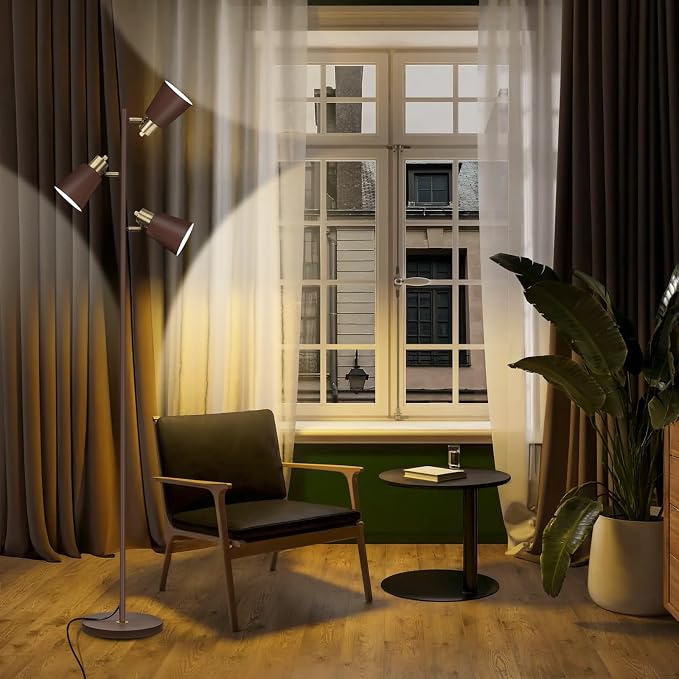 LALISU Tree Floor Lamp for Living Room, Industrial 3-Light Standing Lamp with 3 LED Bulbs, Adjustable Rotation Heads, Standing Tall Pole Lamp Farmhouse Rustic Reading Lamps for Bedroom Office (Brown)