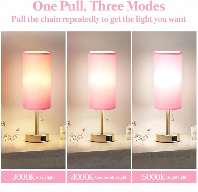 Pink Bedside Table Lamp for Bedroom - Small Nightstand Lamp for Girls | 3 Color Temp, USB A+C Ports, LED Bulb Included, Soft Pink Fabric Shade, Mocha Gold Metal Base, 14" Desk Lamp for Kids Dorm