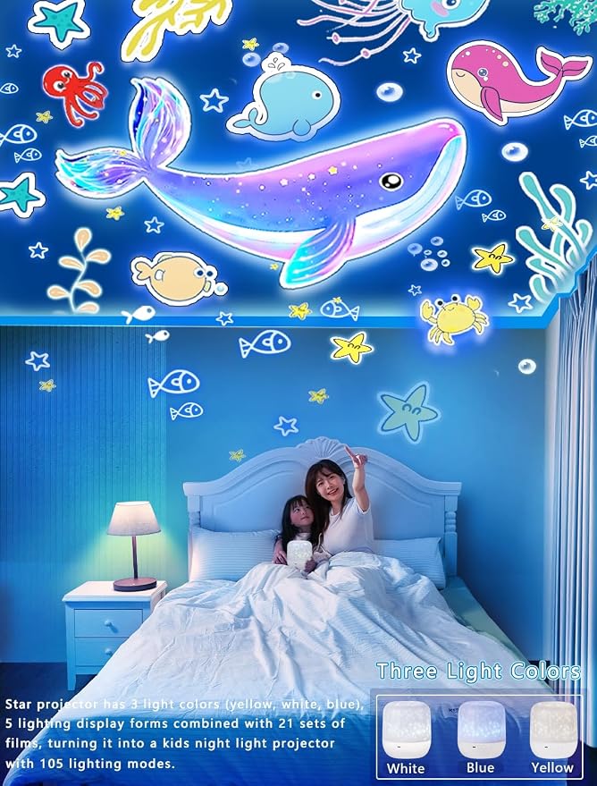 21 Sets of Films + Projector Night Light for Kids, Kids Night Light Projector for Bedroom, Ceiling, Star Galaxy Projector with 360° Rotation for Baby Girls, Birthday, Christmas, Nursery, Room Decor