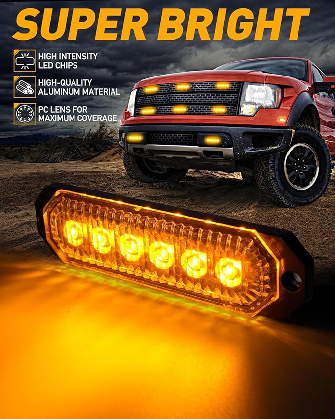 HLauto 406T Emergency Strobe Grille Lights: 4Pcs 6 LED Sync Feature Safety Warning Flashing Light, 12V-24V Ultra Slim Surface Mount Hazard Caution Light for Truck, Vehicle, Car, ATV, UTV (Amber)