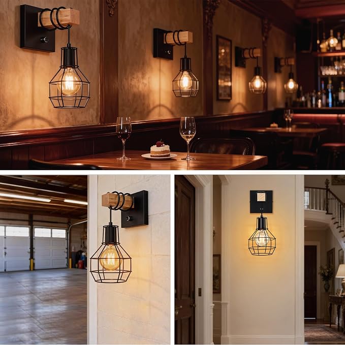 Lightess Farmhouse Wall Light with Switch Hardwired Dimmable Wall Sconce | Metal Black Cage Shade Delivers Wide Light Handy Dimmer Switch, Rustic Wall Lamp Perfect For Kitchen Living Room Indoor Decor